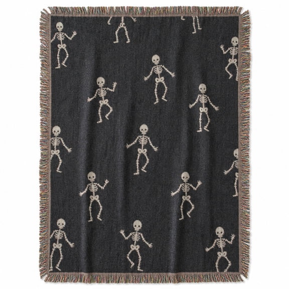 Dancing Skeleton Pattern in Black and Ivory Woven Throw Blanket, Woven Cotton with Fringed Edges, Gothic Halloween Decor for Sofa or Bed