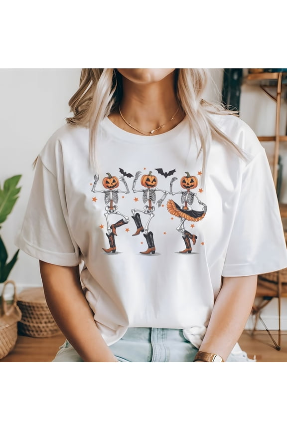 Dancing Skeleton Pumpkin Shirt Western Skeleton Shirt Retro Halloween Shirt Cowboy Shirt Spooky Season Shirt Cute Fall Shirt