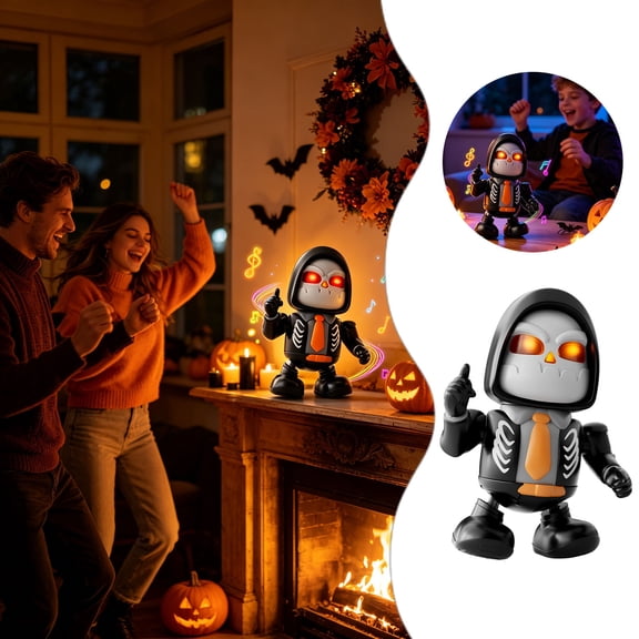 Dancing Skeleton Reaper Robot Toy 23cm, Plastic Light Up Musical Halloween Dancing Figure, Battery Operated Electric Skeleton Toy with LED Glow Eyes for Kids Party Tabletop Halloween Decor Gift