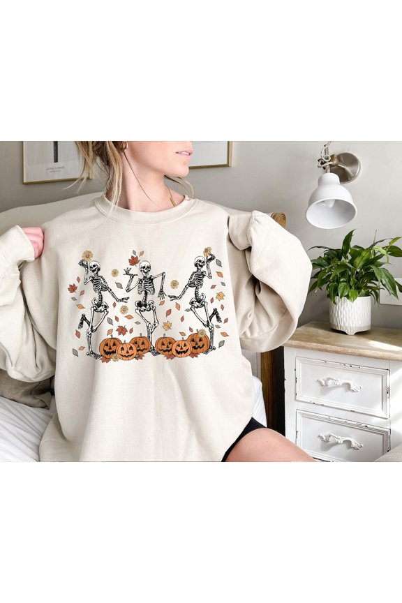 Dancing Skeleton Sweatshirt, Pumpkin Sweater, Pumpkin Skeleton Shirt, Fall Sweatshirt, Party Sweatshirt, Spooky Season Sweatshirt SWEATSHIRT All Size S-5XL
