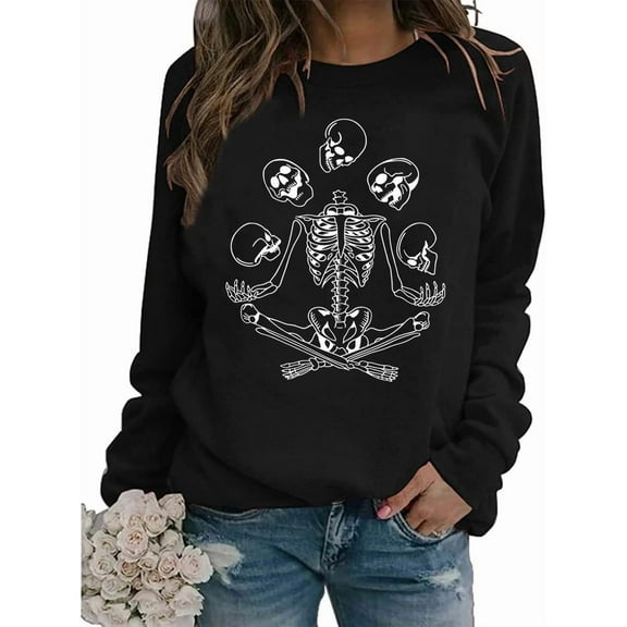 Dancing Skeleton Sweatshirt for Women Funny Skull Graphic Halloween Long Sleeve Pullover Tops