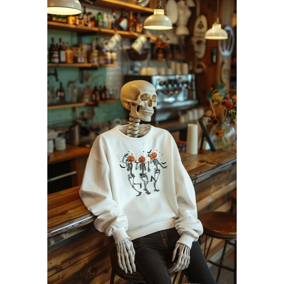 Dancing Skeleton w/ Pumpkin Heads Crewneck Sweater | Halloween Related, Boo Scary Spooky Horror Costume Vibes | 3 Colors - Unisex