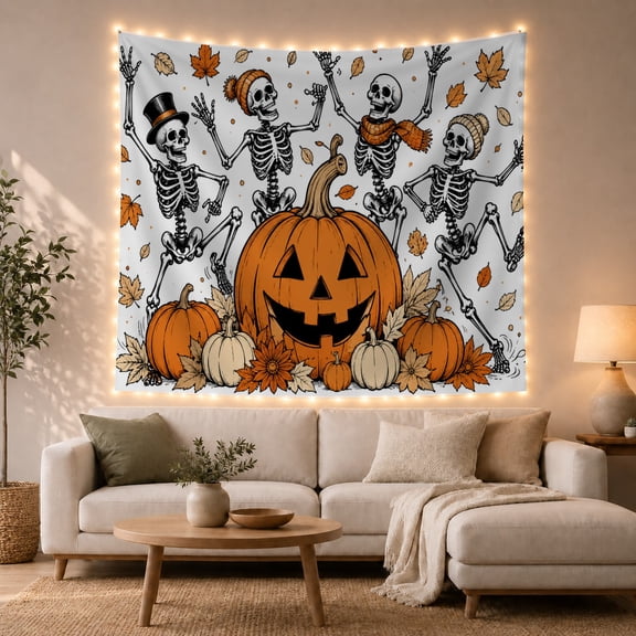 Dancing Skeletons Around a Jack O Lantern, Playful Gothic Style for Pumpkin Lovers, Spooky Wall Decor, Halloween Gift, Tapestry Wall Hanging for Bedroom and Dorm