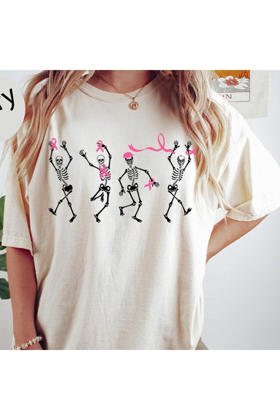 Dancing Skeletons Breast Cancer Awareness Tee Halloween Ribbon Shirt