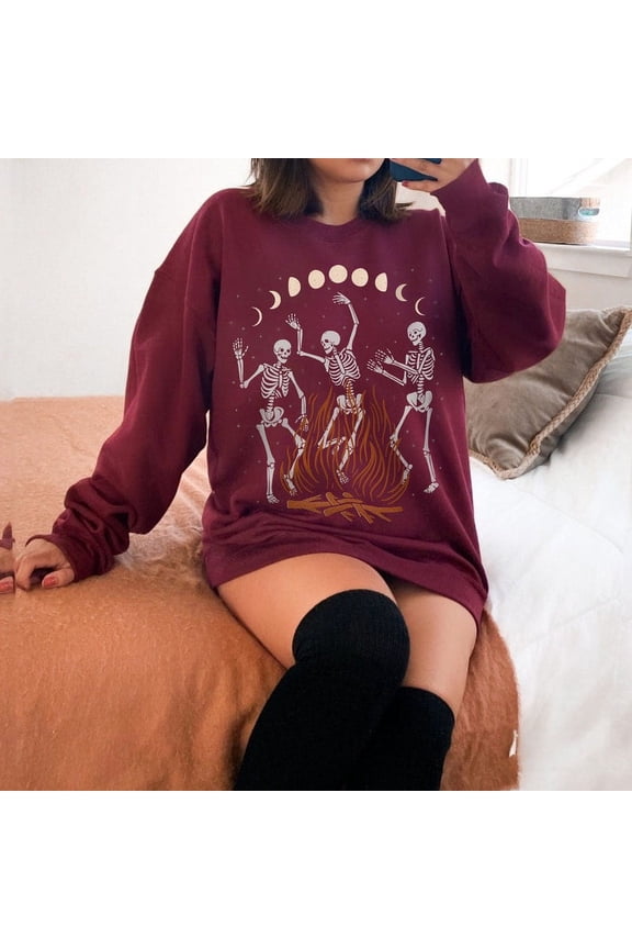 Dancing Skeletons Crewneck Sweatshirt, Witchy Pullover Sweater, Goth Sweatshirt Women, Halloween Oversized Sweatshirt, Women's Pullover