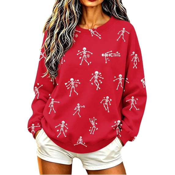 Dancing Skeletons Fun Halloween Graphic Sweatshirt Round Neck Long Sleeve Loose Fit Pullover Top Casual Fall Winter Daily Wear
