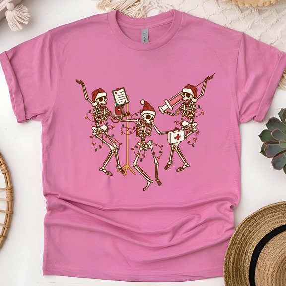 Dancing Skeletons Graphic T-Shirt for Men and Women, Casual Streetwear Tee, Heliconia, Size L