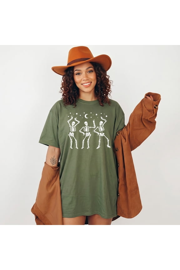 Dancing Skeletons Halloween T-Shirt, Trio Skeleton Dance Party Tee, Cute Skeleton Moon Stars Shirt for Women, Halloween Party Gift