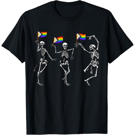 Dancing Skeletons Holding Inclusive Gay Pride Flags T-Shirt Tops Tee