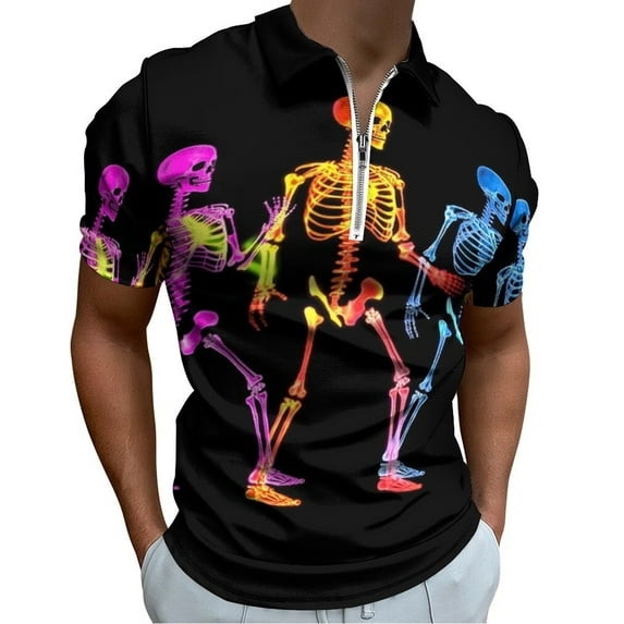 Dancing Skeletons Men Zipper T-shirt Summer Casual Short Sleeve T-shirt Top