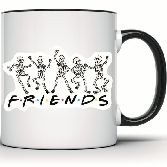 Dancing Skeletons Mug - Funny Halloween Mug - Skeleton Friends Coffee Cup - Spooky Gift Idea - 11 Ounce Black Rim Handle Novelty Coffee Cup - WMUG0462-Black Rim