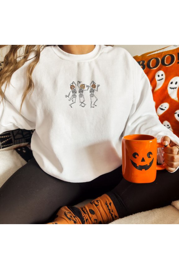 Dancing Skeletons Pumkin Heads Embroidered Sweatshirt