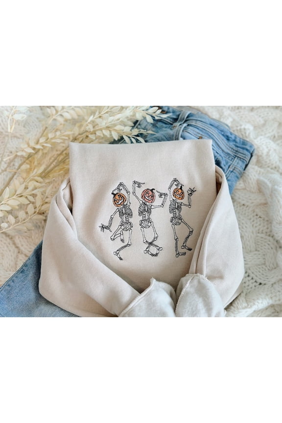 Dancing Skeletons Pumkin Heads Embroidered Sweatshirt