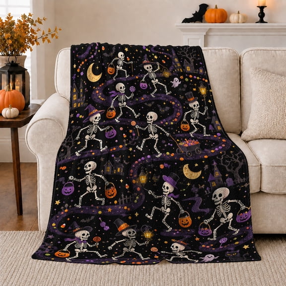 Dancing Skeletons with Pumpkin Candy Buckets and Moons, Playful Halloween Art for Kids, Spooky Parade Motif Cozy Flannel Blanket, Halloween Gift for Playroom and Bedroom Home Decor