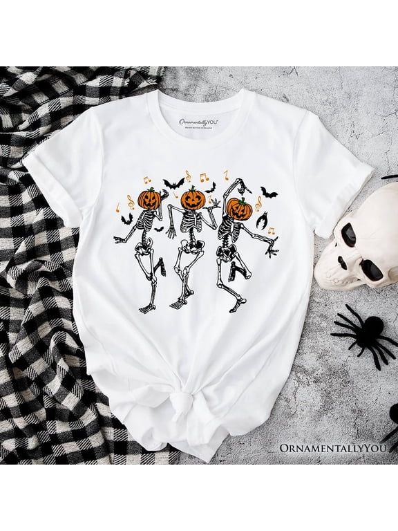 Dancing Skeletons with Pumpkin Head T-Shirt, Dry Bones Come Alive Halloween Fun Tee