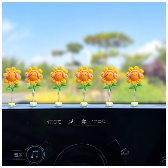 Dancing Sunflower Car Dash Decorations, Sunny Vibe Shake Head Flower Spring-Action Bobblehead Design, Lightweight, 6-Pack