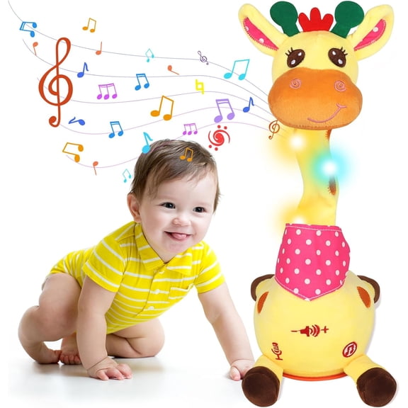 Dancing Talking Giraffe Toy with LED Lights, Interactive Singing Plush for Babies, Repeats What You Say with Voice Recording & 10 Nursery Rhymes, Tummy Time Musical Gift for Toddlers