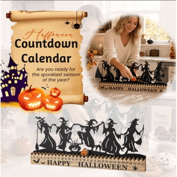 Dancing Witch Silhouette Countdown Table Sign - Halloween Wooden & Metal Table Decor, 31 Day Interactive Wooden Slider Chart