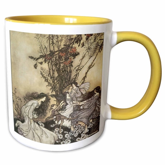 3drose, Dancing with the Fairies, Arthur Rackham Fantasy Fairy Painting, 11oz Two-tone Yellow Mug