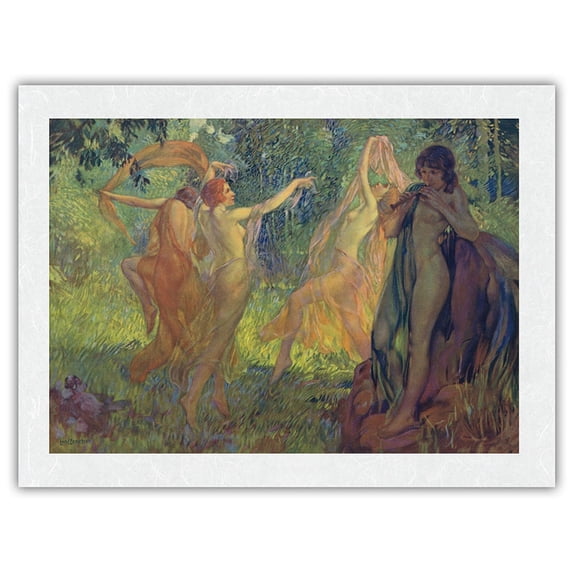 Dancing Woodland Nymphs Bacchanal - Vintage Art Nouveau Poster by Louis F. Berneker c.1920s - Japanese Unryu Rice Paper Art Print 24 x 32 in