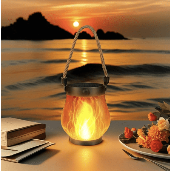 Solar Flame Lantern Outdoor – 3-Pack Hemp Rope LED Flickering Light, IP65 Waterproof, Monocrystalline Solar Panel, For Camping, Garden, Patio, Pathway