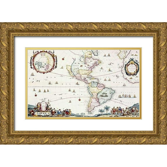 Danckerts, Cornelis 18x12 Gold Ornate Wood Framed with Double Matting Museum Art Print Titled - Map of The Americas, 1696