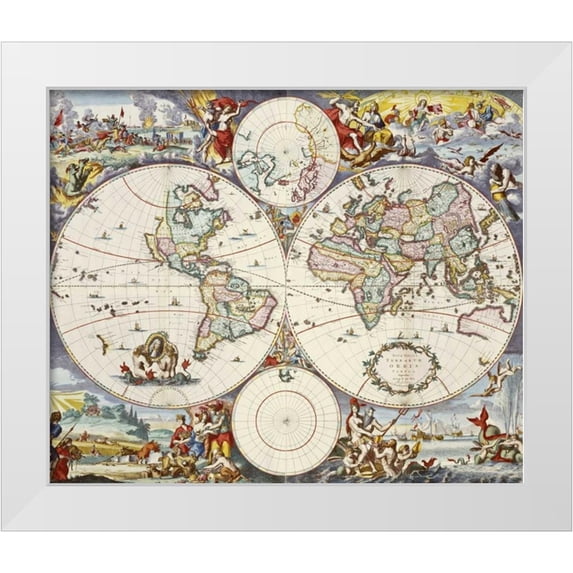 Danckerts, Cornelis 23x20 White Modern Wood Framed Museum Art Print Titled - Map of The World