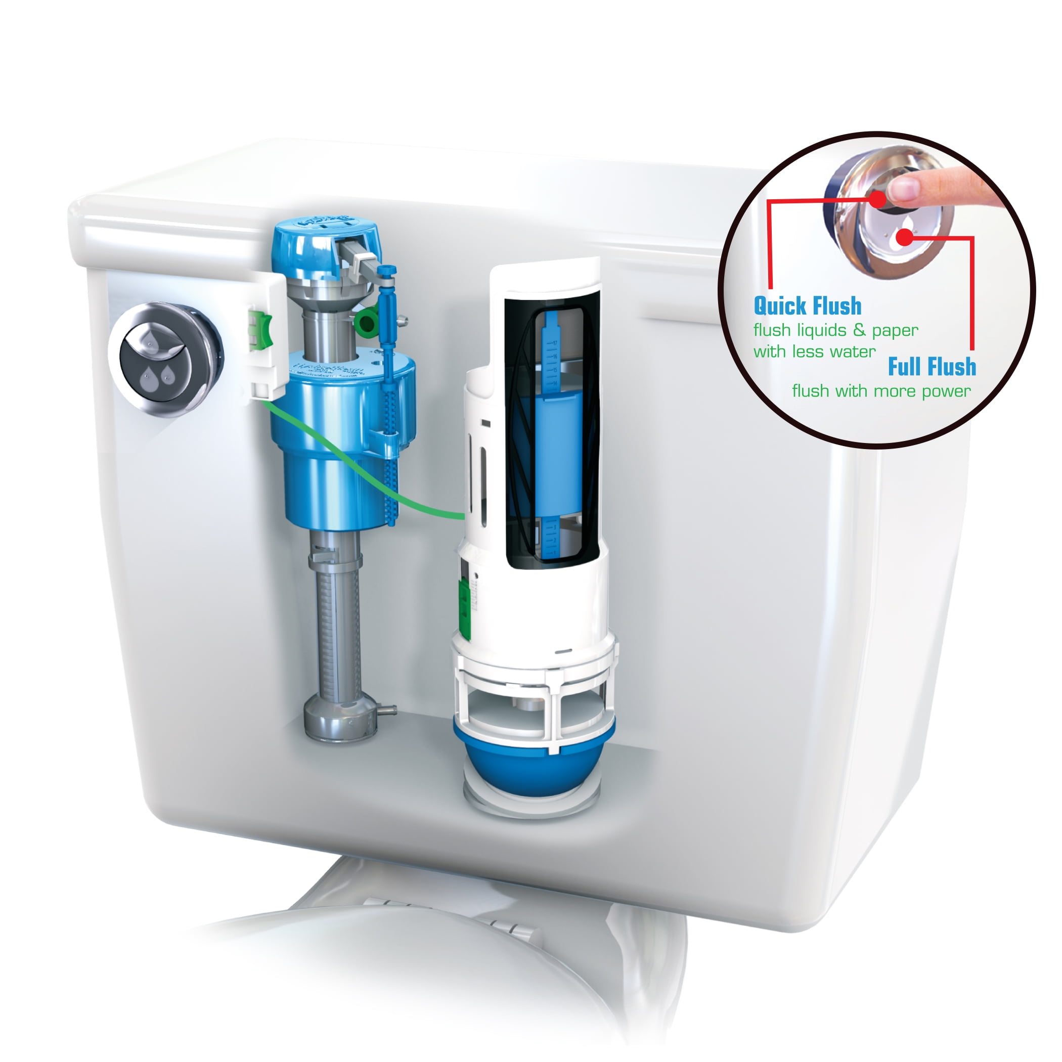 Water-Saving Dual Flush Valve Toilet Repair Kit in Blue and White