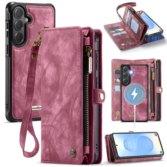 Dandapaier Detachable Wallet Case for Samsung Galaxy S26 Plus, Retro Soft Leather Flip Cover with Zipper, Credit Card and Cash Holder, Magnetic Closure, for Women Men,Red
