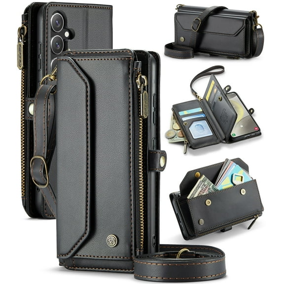 Dandapaier for Samsung Galaxy S25 Wallet Case with Wrist Strap, Sshoulder Strap, Crossbody, RFID Blocking, Card Holder, Soft Zipper Card Holder, for Women and Men,Black