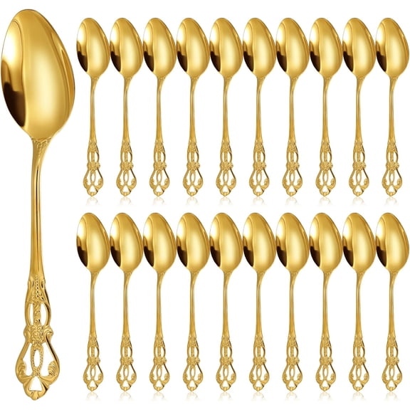 Dandat 20 Pcs 6.6" Gold Luxury Teaspoons Stainless Steel Gorgeous Tea Party Spoons Dessert Spoons for Stirring Coffee Sugar Drink Kitchen Cafe Bar Wedding Tableware, Vintage Style