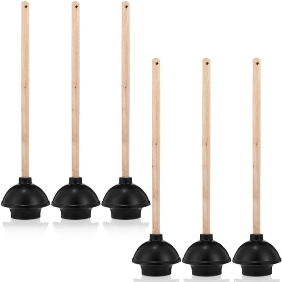 Dandat 6 Pcs Rubber Toilet Plunger with Double Thrust Force Suction Cup Long Wooden Handle Toilet Bowl Plunger Heavy Duty Pump Clogged Solution for Bathroom Stores Restaurants (Black)