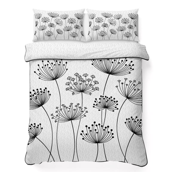 Dandelion 3 Piece Quilt Bedding Set with 2 Pillow Shams, Spring Fields Black Dandelion Floral Lightweight Bedspread Coverlet, Soft Breathable All Season Quilt, 96 x 106 Inch