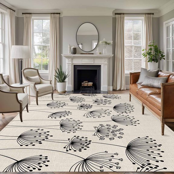 Dandelion 8'x10' Large Area Rug for Living Room Sectional Sofa, Spring Country Black Dandelion Floral Linen Texture Non Slip Low Pile Rectangle Area Rug, Machine Washable Indoor Outdoor Mat