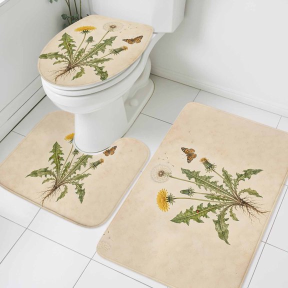 Dandelion Bloom Bathroom Rugs Mat Sets 3 Piece, Vintage Plant Taproot System Butterfly Rustic Country Absorbent Bathroom Mat Set with Non-Slip Rug, Toilet Lid Cover and Bath Floor Carpet Small Size