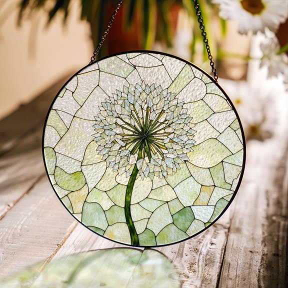 Dandelion Bloom Glass Suncatcher, Round Window Charm, 3.5 in