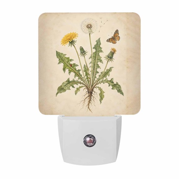 Dandelion Bloom LED Night Light, Vintage Plant Taproot System Butterfly Rustic Country Night Lights plug into Wall with Smart Sensor Dusk to Dawn Sensor for Nursery Bedroom 2.95x4.5in