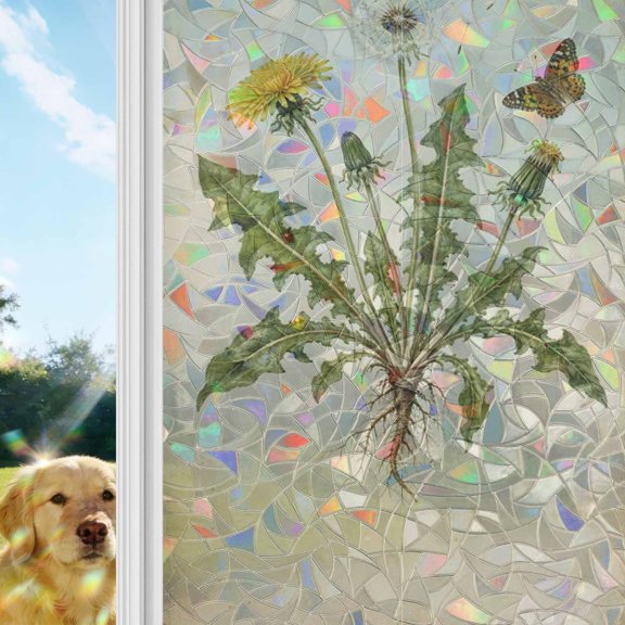 Dandelion Bloom Rainbow Window Privacy Film, Vintage Plant Taproot System Butterfly Rustic Country Stained Glass Window Film, Sun Blocking Static Cling Non Adhesive Door Stickers 17.7 x 39.3 Inches