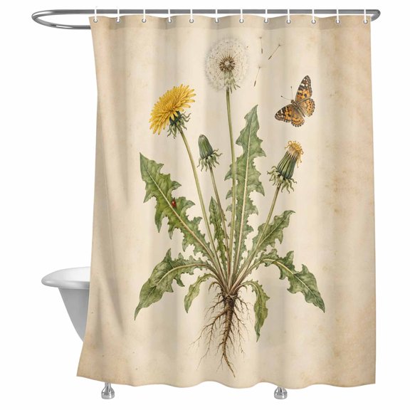 Dandelion Bloom Shower Curtain, Vintage Plant Taproot System Butterfly Rustic Country Waterproof Shower Curtain Set with 12 Hooks Lightweight Bath Curtains Washable Bathroom Decor 36x72 Inches