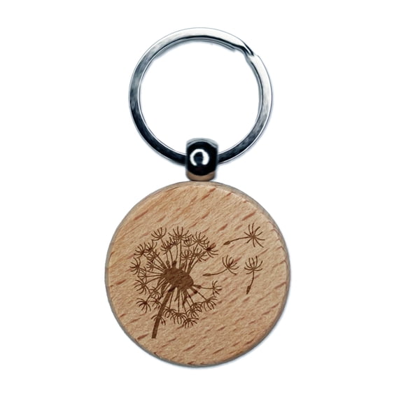 Dandelion Blowing in Wind Round Keychain Charm Tag - Engraved Wood