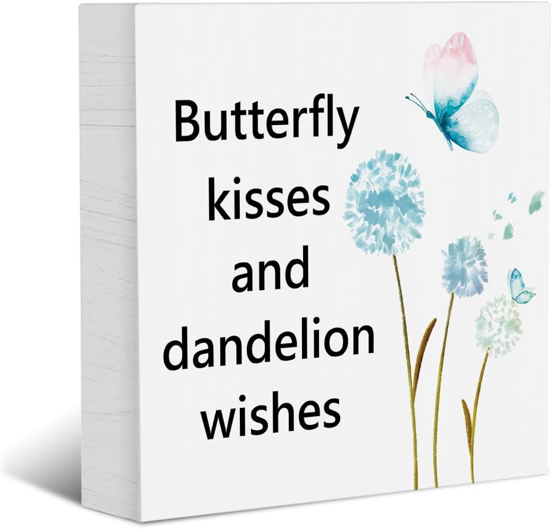 Country Farmhouse Spring Canvas Wall Art – 8x8 Inch Framed Print, "Spring Wishes & Butterfly Kisses" Quote, Rustic Home Decor