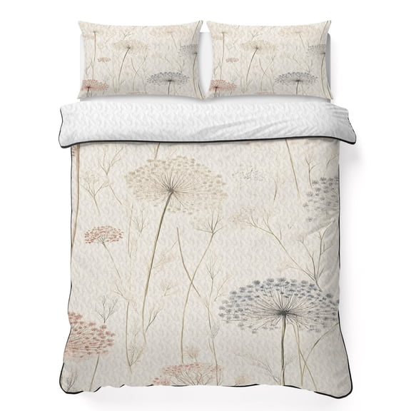 Dandelion California King Quilt Bedding Set, Retro Flower Leaf Farmhouse Botanical Watercolor Lightweight Comforter with 2 Pillow Shams Bedroom Bedspread Set Home Decor for All Seasons