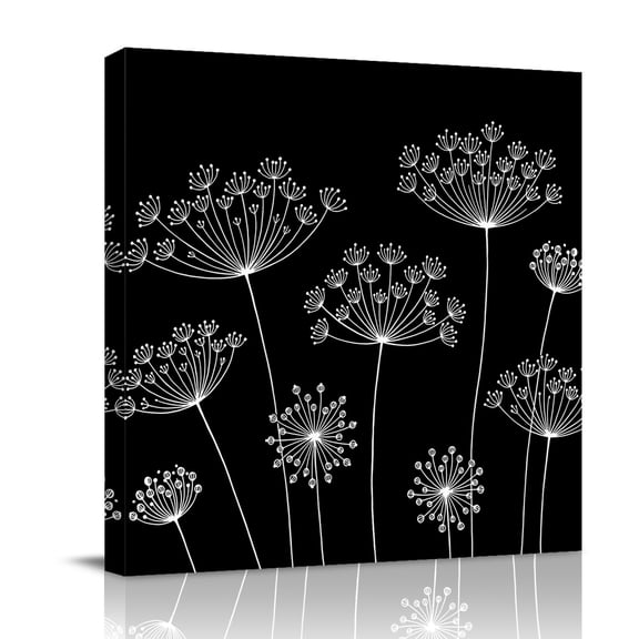 Dandelion Canvas Wall Art for Living Room, Spring White Dandelion Floral Black Background Poster Print Painting for Bedroom Office Home Decoration Wall Pictures Prepare To Hang 8"x8"