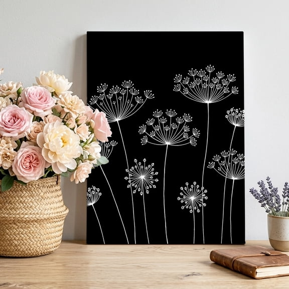 Dandelion Canvas Wall Art, Spring White Dandelion Floral Black Background Pictures Wall Decor Wooden Framed Artwork Art Prints for Living Room Hallway Bedroom Office 20"x30"
