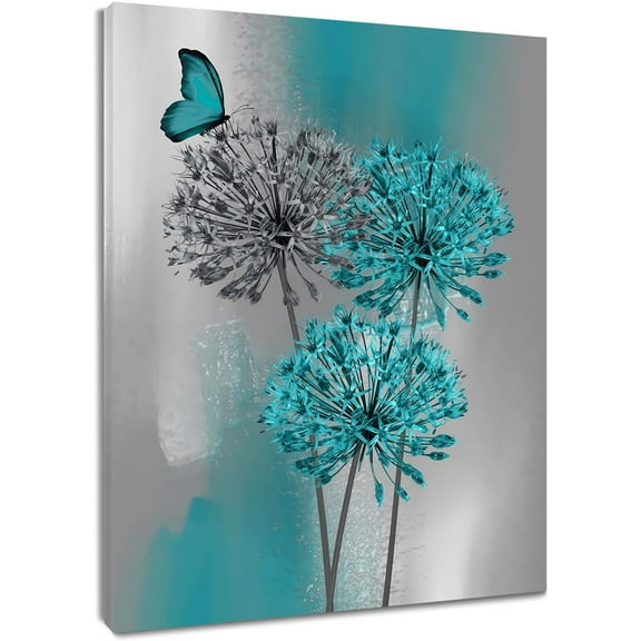 Dandelion Canvas Wall Art Teal Grey Dandelion with Butterfly on Abstract Background Wall Art Plant Wall Art Decor for Living Room Bedroom Bathroom Office Home Framed Ready to Hang 12L x 12W Inch