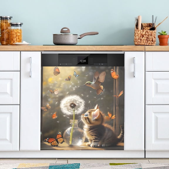 Dandelion Cat Dishwasher Magnet Cover Reuseable Refrigerator Magnet Cover Decal Kitchen Fridge Microwave Stickers Hoilday Party Decor 23 x 26 inch