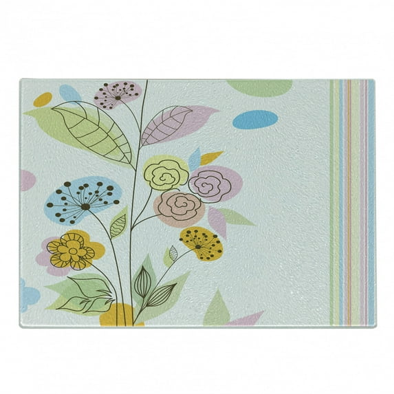 Dandelion Cutting Board, Colorful Wildflowers with Line Art Design Abstract Composition Gentle Nature, Decorative Tempered Glass Cutting and Serving Board, Small Size, Multicolor, by Ambesonne
