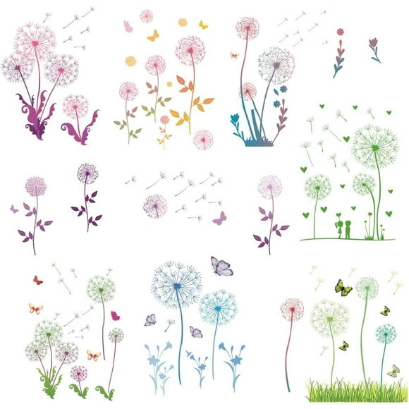 Dandelion Decals Colorful Plant Stickers Flower Window Stickers Waterproof Removable Vinyl Wall Art for Restroom Bedroom Living Room Decorations