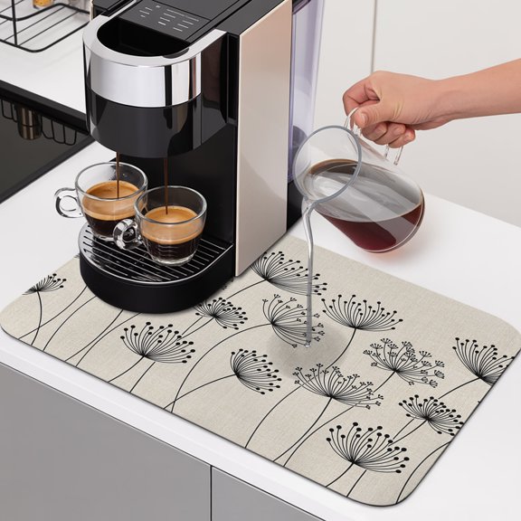 Dandelion Dish Drying Mats for Kitchen Counter, Spring Country Black Dandelion Floral Linen Texture Absorbent Coffee Bar Mat with Non-slip Rubber Backed Quick Drying Dish Rack Pad 12"x16"