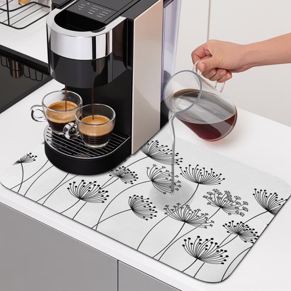 Dandelion Dish Drying Mats for Kitchen Counter, Spring Fields Black Dandelion Floral Absorbent Coffee Bar Mat with Non-slip Rubber Backed Quick Drying Dish Rack Pad 12"x16"